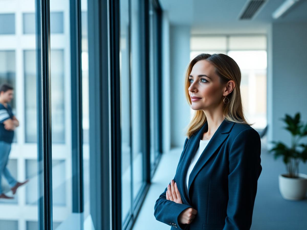 Líder ejecutiva observando desde la ventana de una oficina