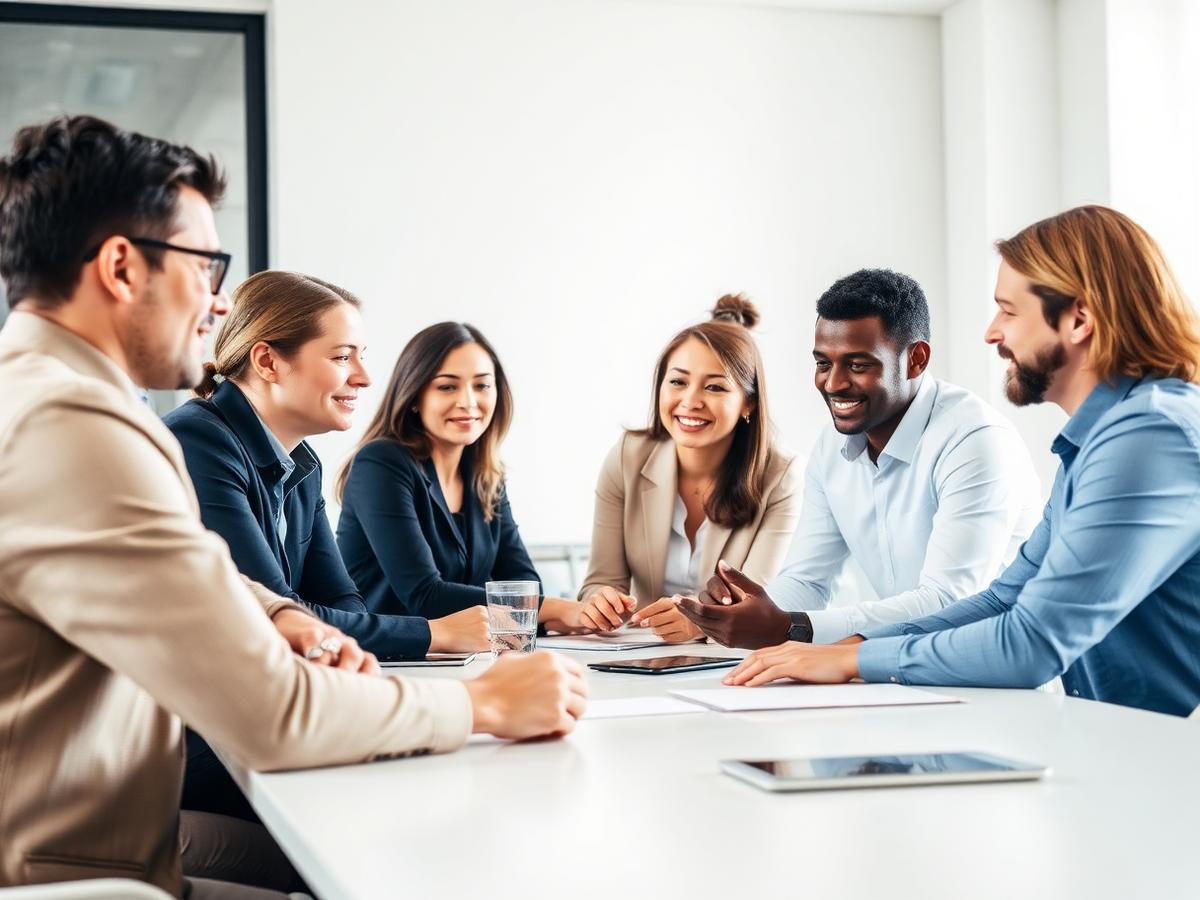 Equipo corporativo colaborando en una sala luminosa